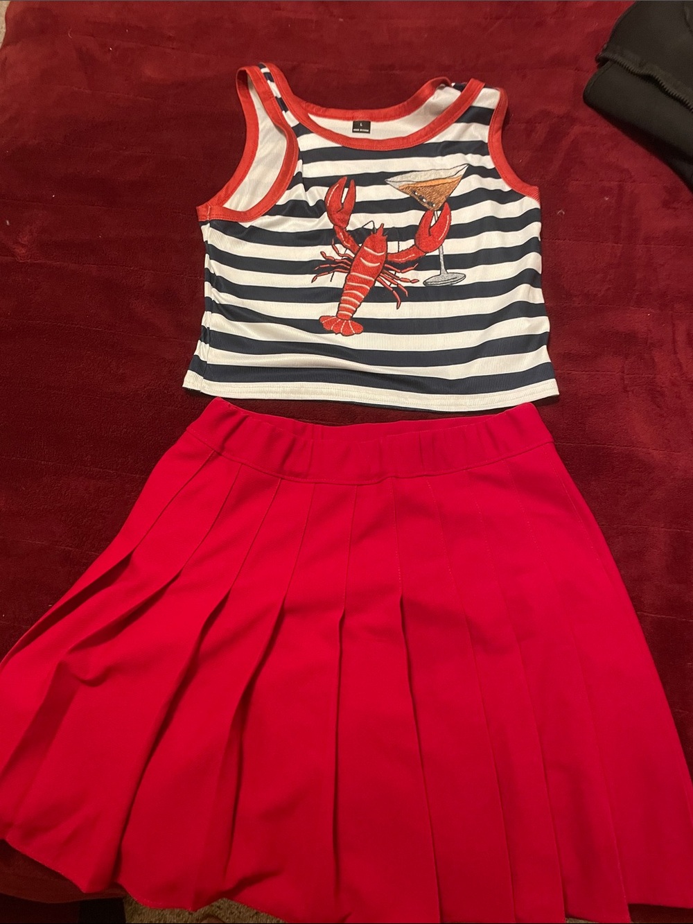 Red mini skirt and crop lobster tank